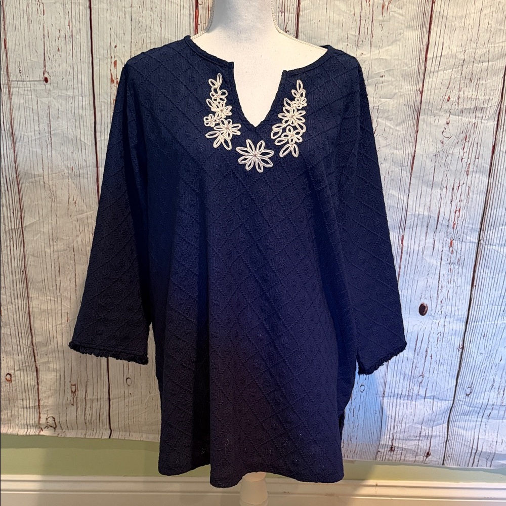 Navy Blue Women's Top with Floral Embroidery and matching pants set
